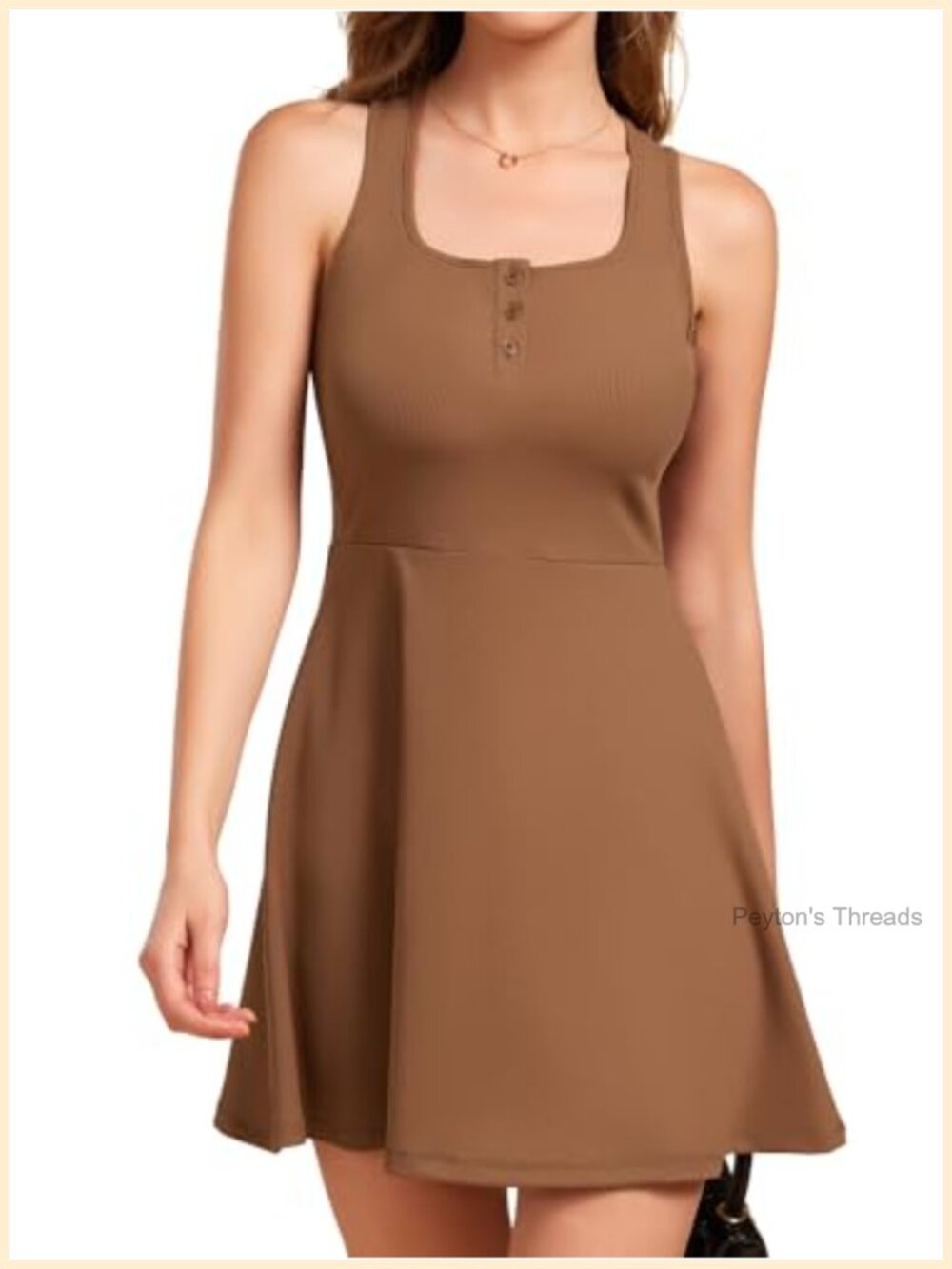 Square Neck Ribbed Knit Mini Dress A-Line Sleeveless Button Front